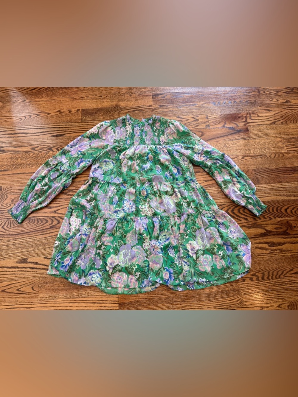 Olivaceous Green Chiffon Floral Print Dress Smocked small long sleeve